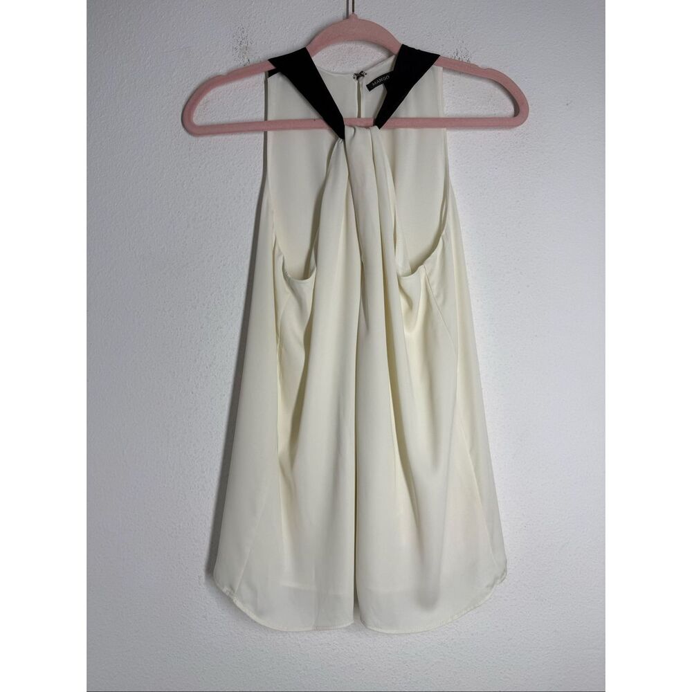 Mango Ivory Sleeveless Blouse Black Trim Tie Neck Flowy Top Women Medium